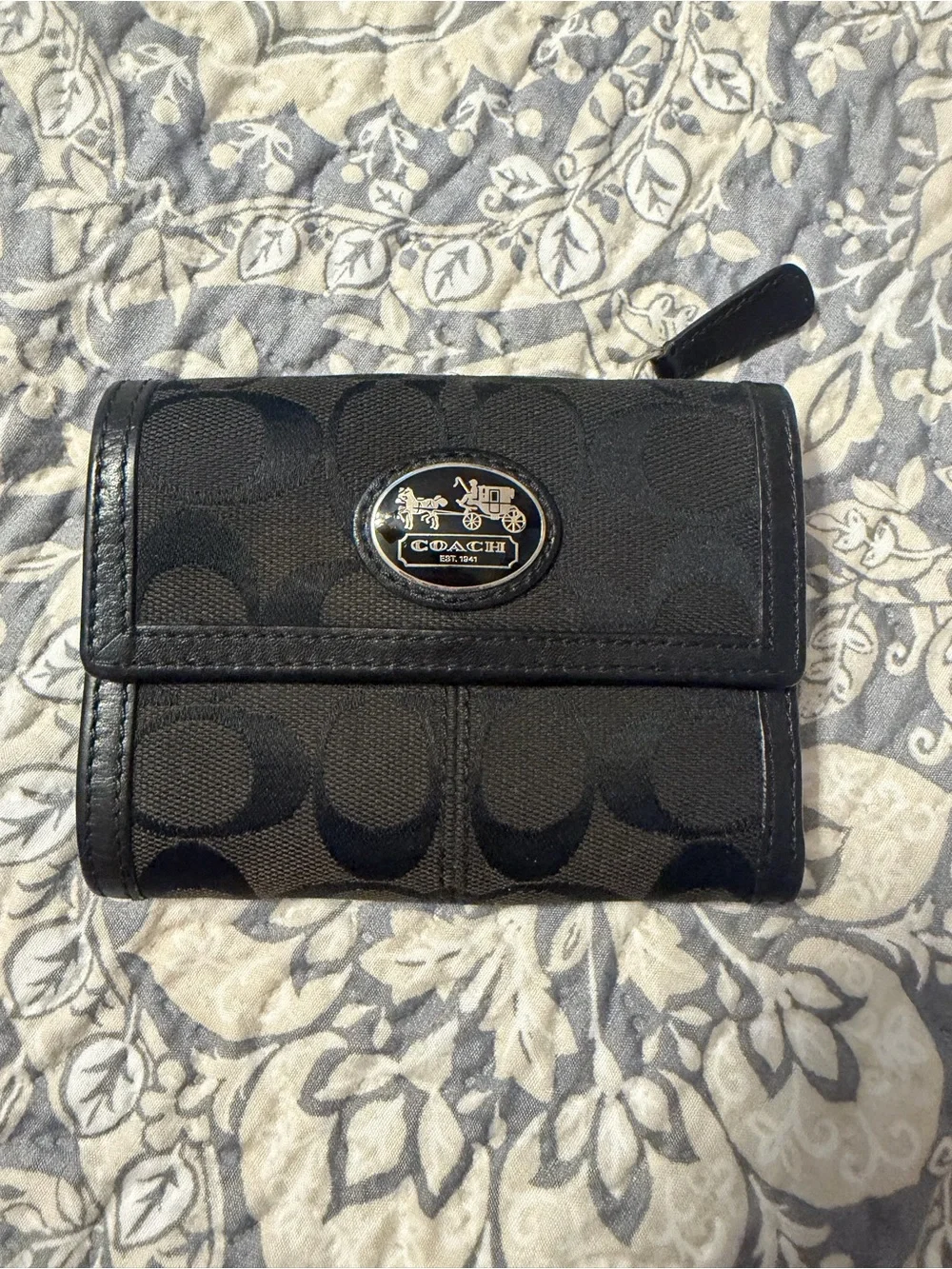 Coach Black Signature Canvas Compact Trifold Wallet